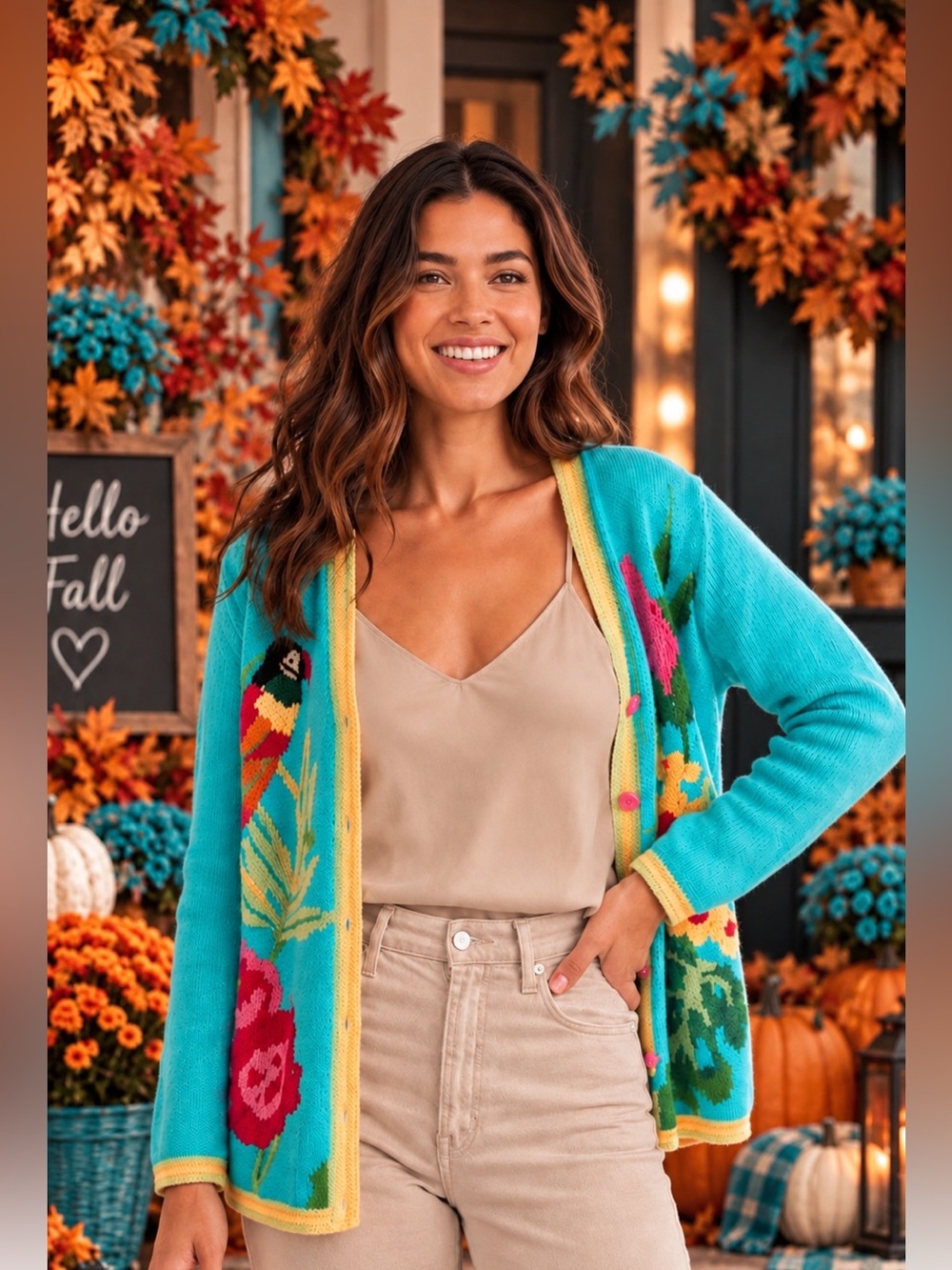 Handknits by Storybook Kruts Tropical Parrot Cardigan Turq Embroidery Sweater Lg